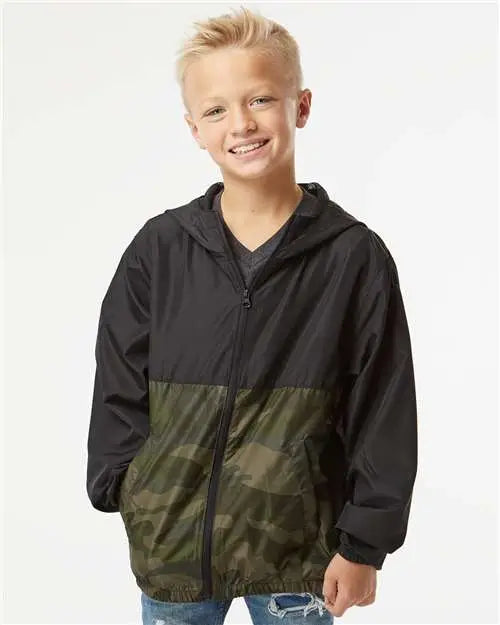 Independent Trading Co. Exp24ywz Youth Lightweight Windbreaker Full-zip Jacket - Black Forest Camo