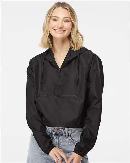 Independent Trading Co. Exp64crp Women’s Lightweight Quarter-zip Pullover Crop Windbreaker - Black