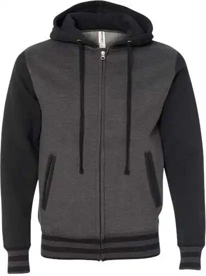 Independent Trading co Ind45uvz Unisex Heavyweight Varsity Full Zip Hooded Sweatshirt Charcoal Heather Black