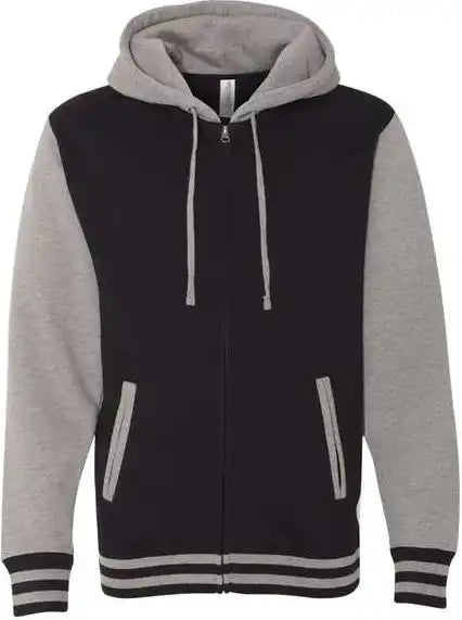 Independent Trading co Ind45uvz Unisex Heavyweight Varsity Full Zip Hooded Sweatshirt Black Gunmetal Heather