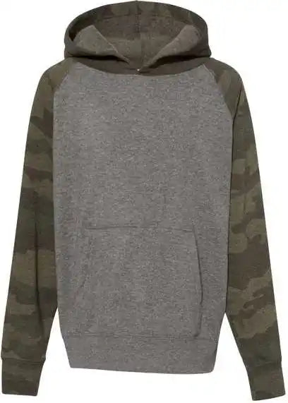 Independent Trading co Prm15ysb Youth Special Blend Raglan Hooded Sweatshirt Nickel Heather Forest Camo
