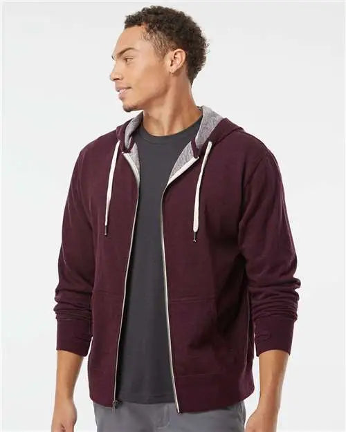 Independent Trading Co. Prm90htz Heathered French Terry Full-zip Hooded Sweatshirt - Burgundy Heather