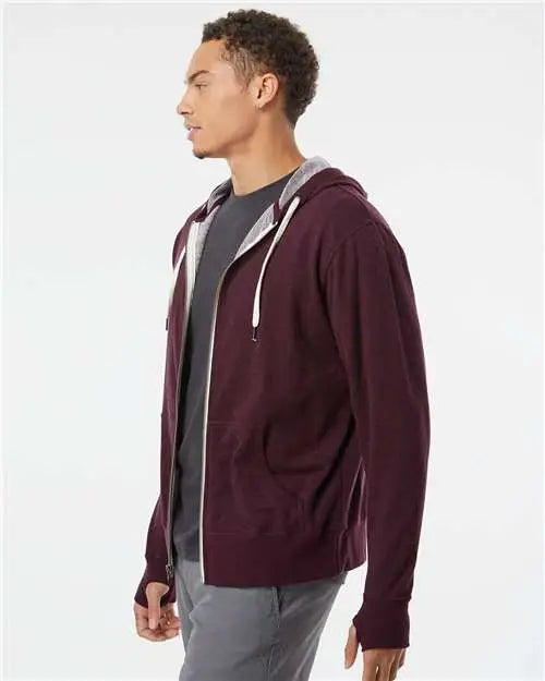 Independent Trading Co. Prm90htz Heathered French Terry Full-zip Hooded Sweatshirt - Burgundy Heather