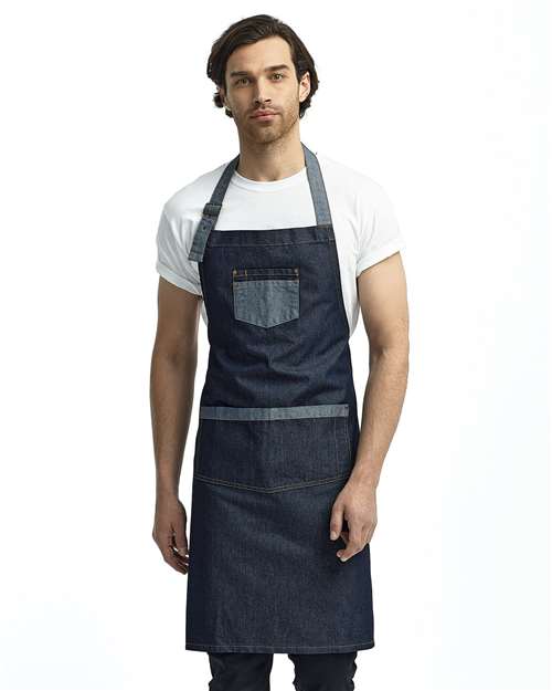 Front View of Indigo Denim Domain Contrast Denim Bib Apron with Pockets - RP127