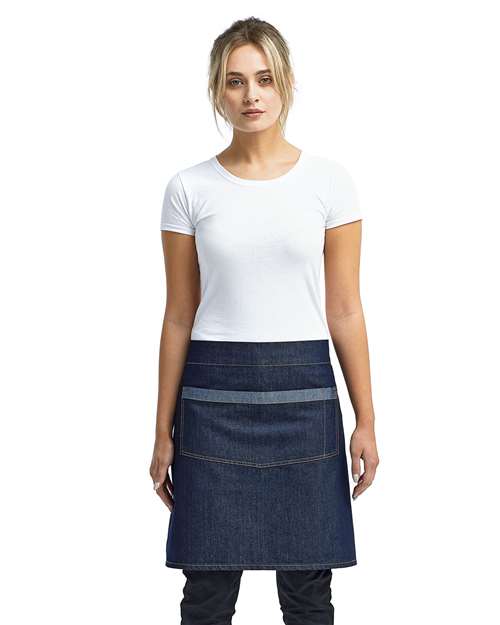 Front View of Indigo Denim Domain Contrast Denim Waist Apron with Pocket - RP128