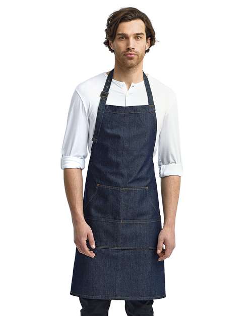 Front View of Indigo Denim Jeans Stitch Denim Bib Apron with Pockets - RP126