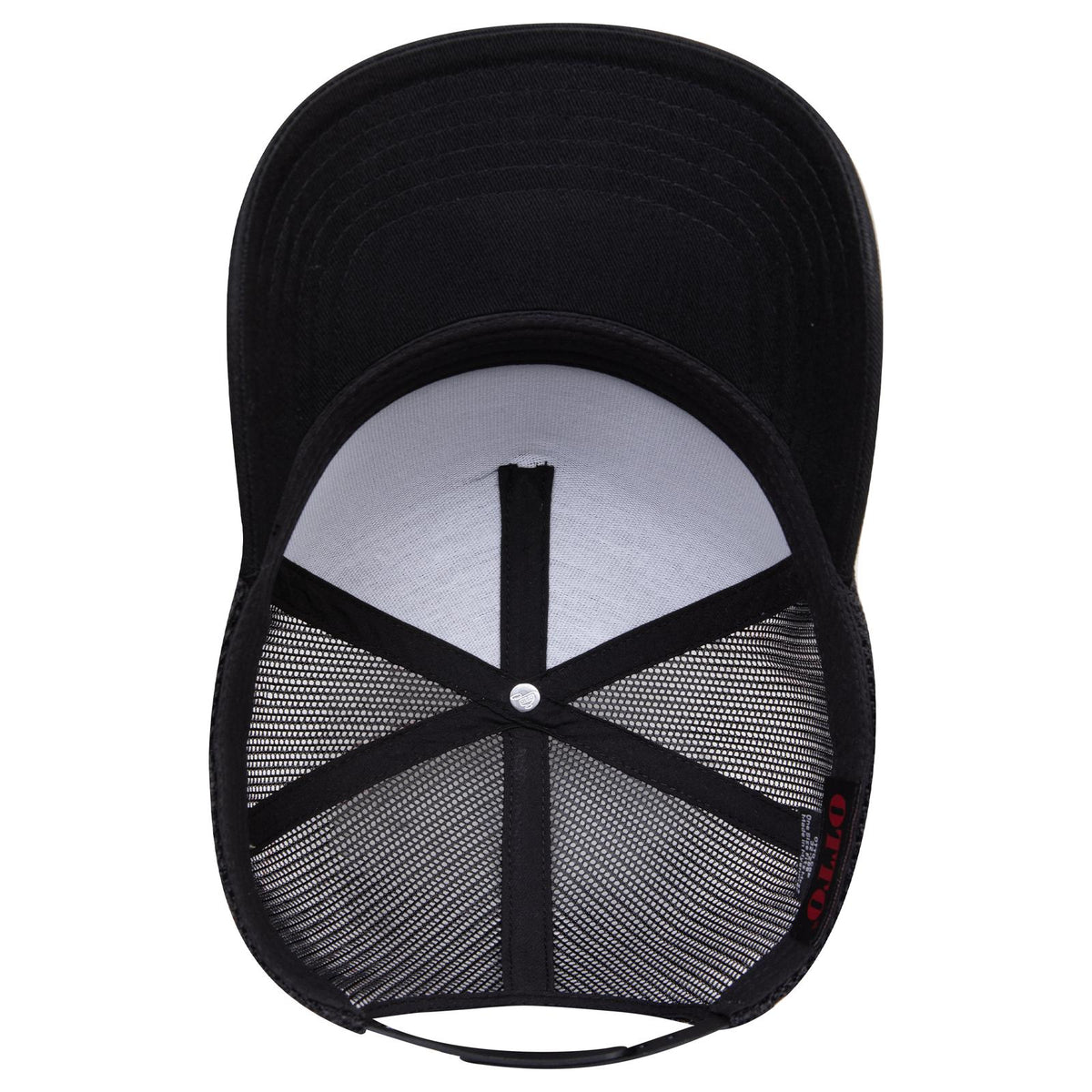 Inside View of 003 - Black OTTO CAP 5 Panel Mid Profile Mesh Back Trucker Hat