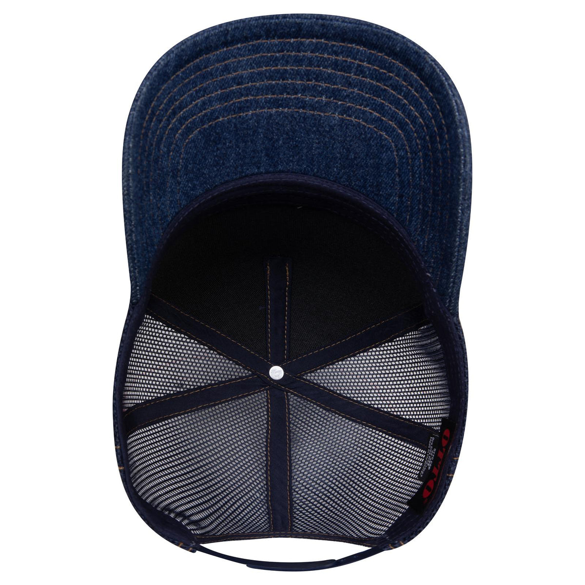 Inside View of 004G - Nvy/Gld OTTO CAP 5 Panel Mid Profile Mesh Back Trucker Hat