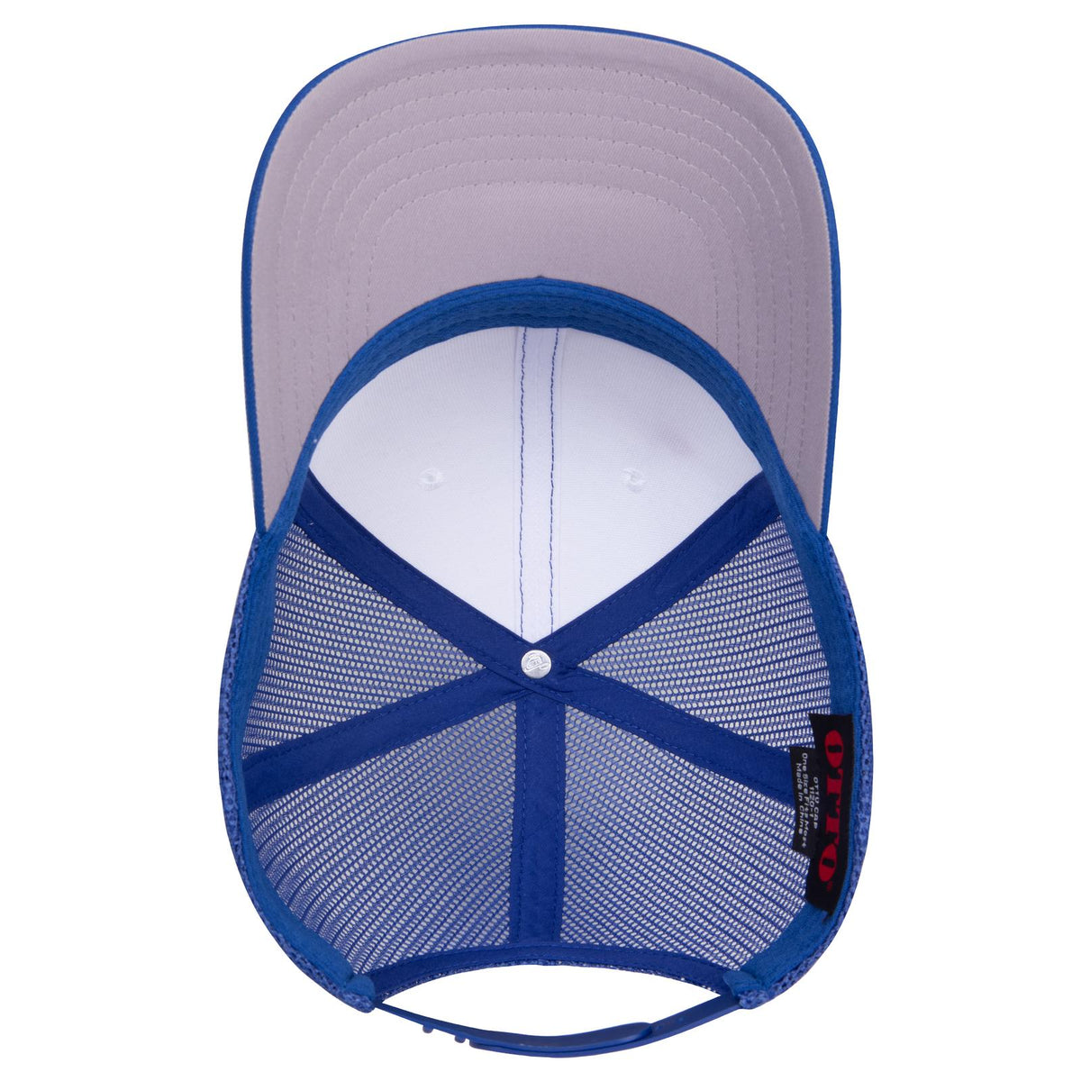 Inside View of 011601 - Ryl/Wht/Ryl OTTO CAP Seamless 6 Panel Mid Profile Mesh Back Trucker Hat