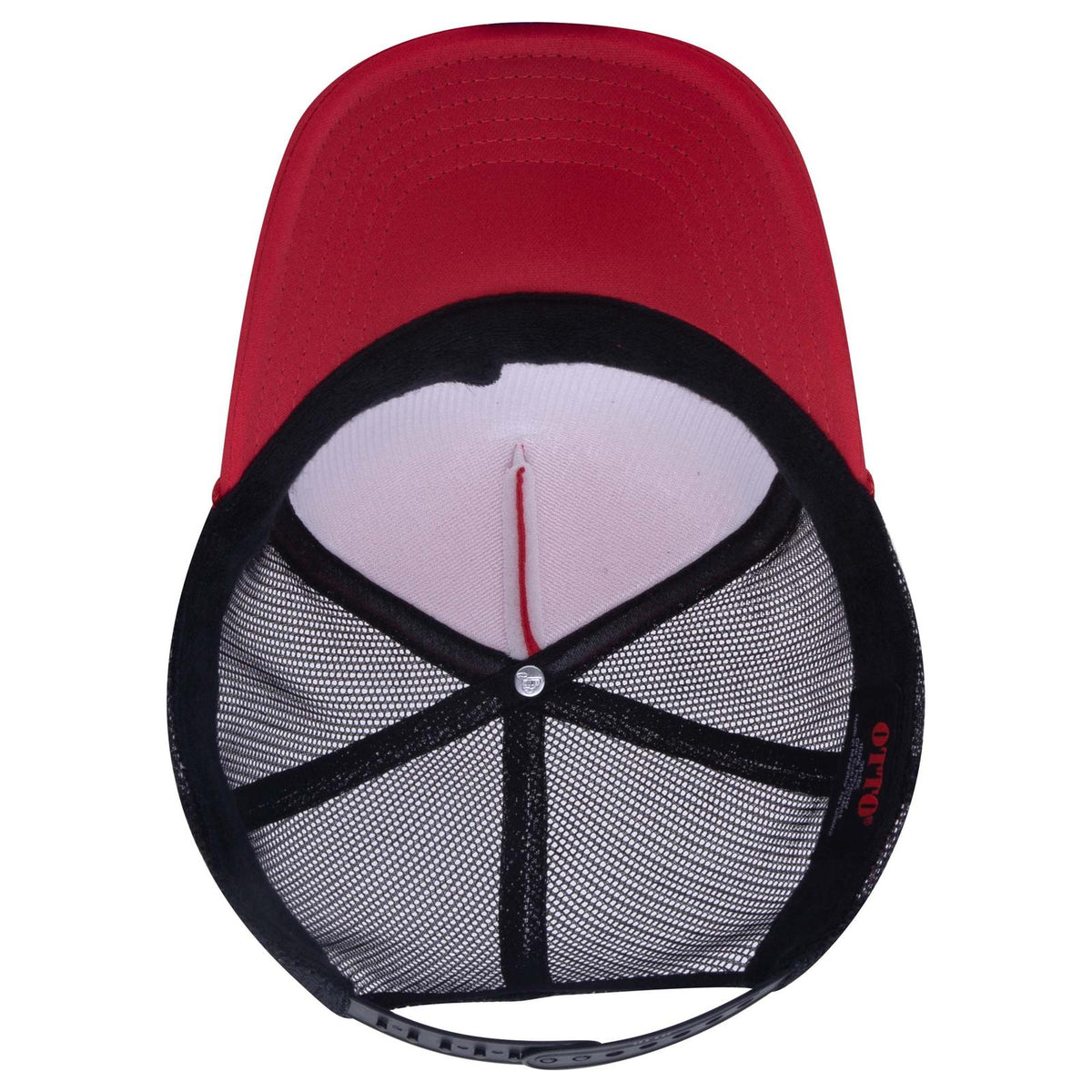 Inside View of 020203 - Red/Red/Blk OTTO CAP 5 Panel High Crown Mesh Back Trucker Hat