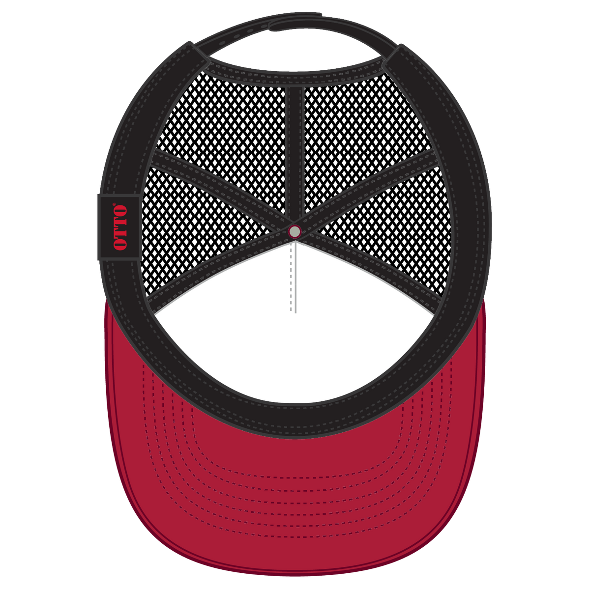 Inside View of 020203 - Red/Red/Blk OTTO CAP 5 Panel High Crown Mesh Back Trucker Hat