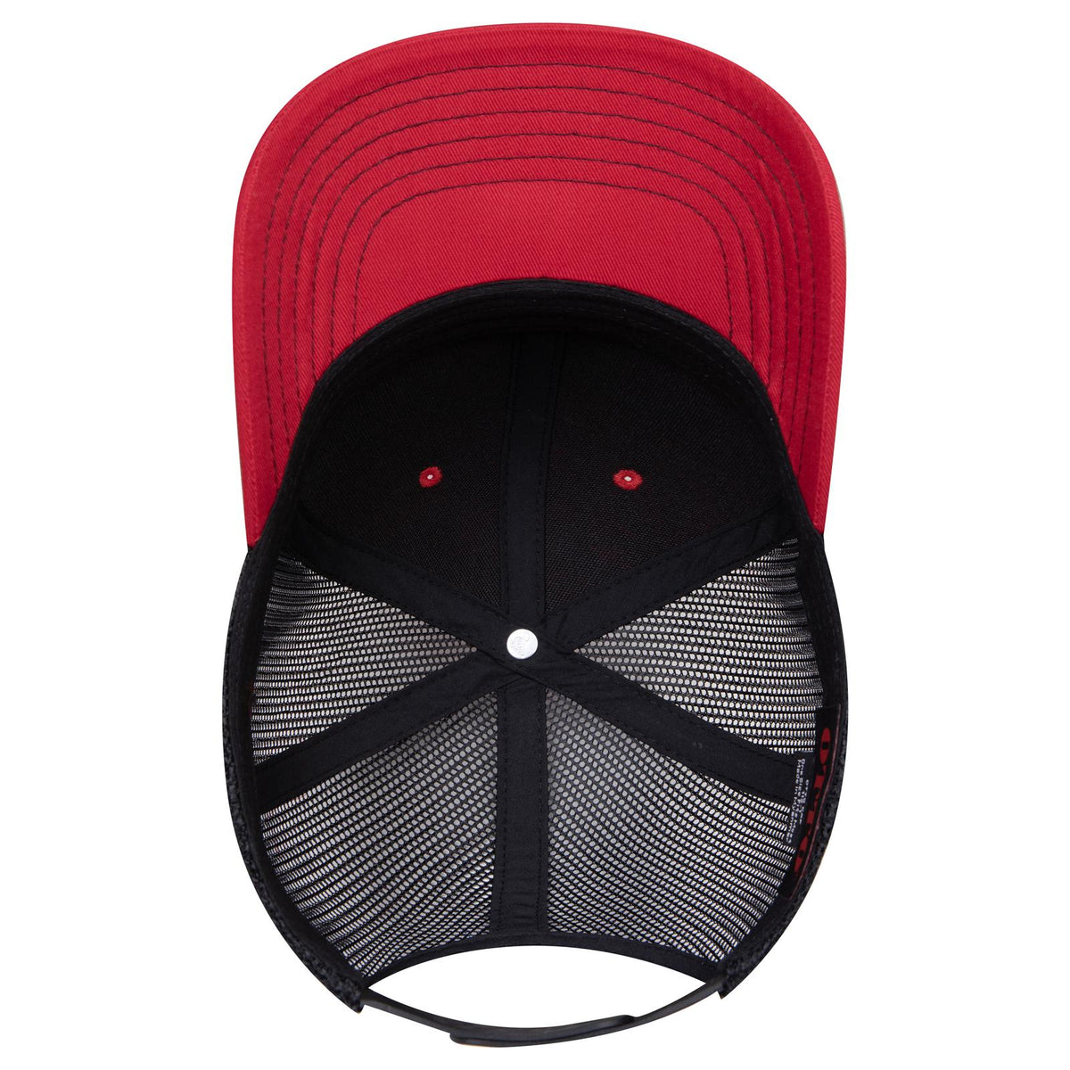 Inside View of 020203 - Red/Red/Blk OTTO CAP 6 Panel Mid Profile Mesh Back Trucker Hat