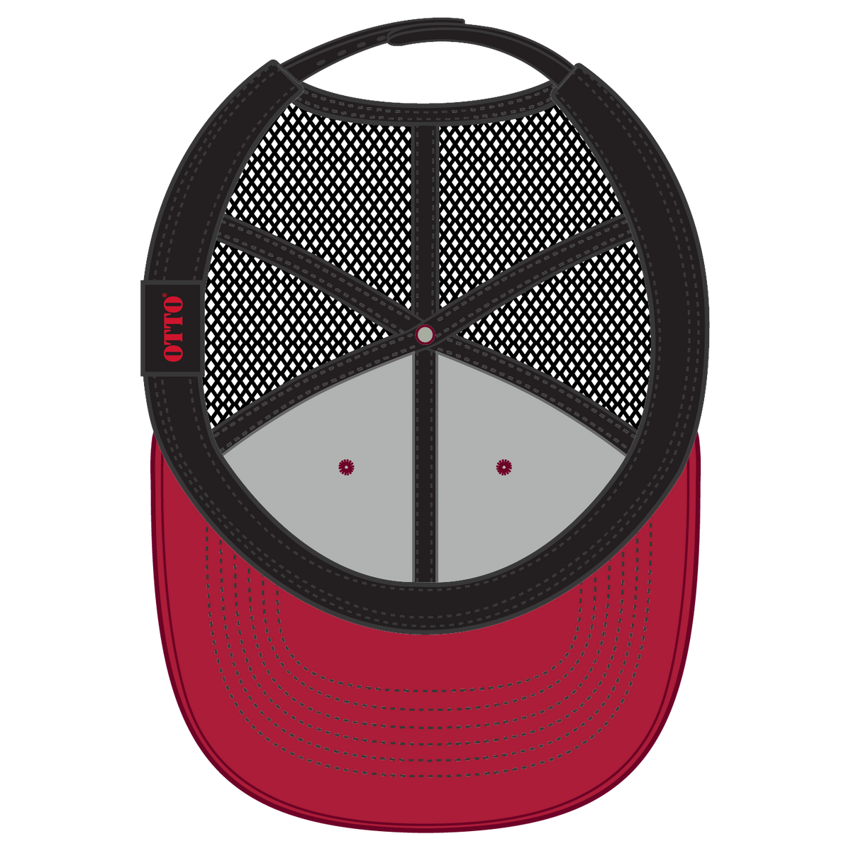 Inside View of 020203 - Red/Red/Blk OTTO CAP 6 Panel Mid Profile Mesh Back Trucker Hat