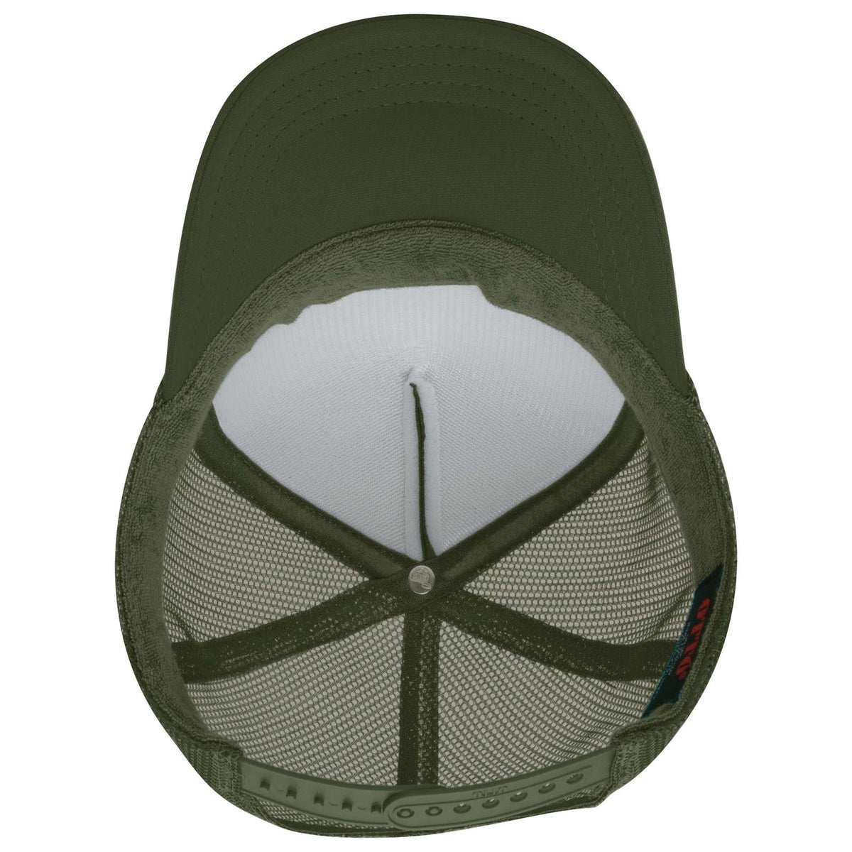 Inside View of 021 - Ol. Green OTTO CAP 5 Panel High Crown Mesh Back Trucker Hat