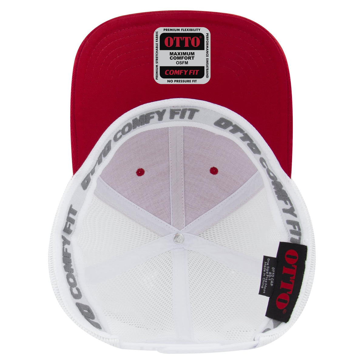 Inside View of 0216 - Red/Wht OTTO CAP "OTTO COMFY FIT" 6 Panel Low Profile Mesh Back Trucker Hat