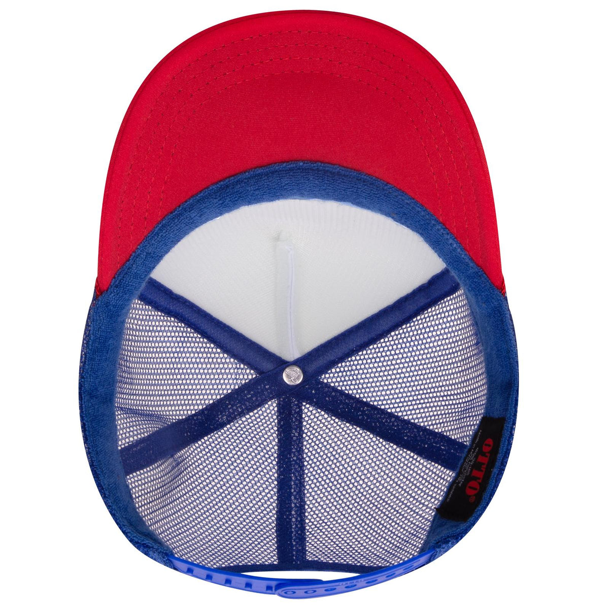 Inside View of 021601 - Red/Wht/Ryl OTTO CAP 5 Panel High Crown Mesh Back Trucker Hat