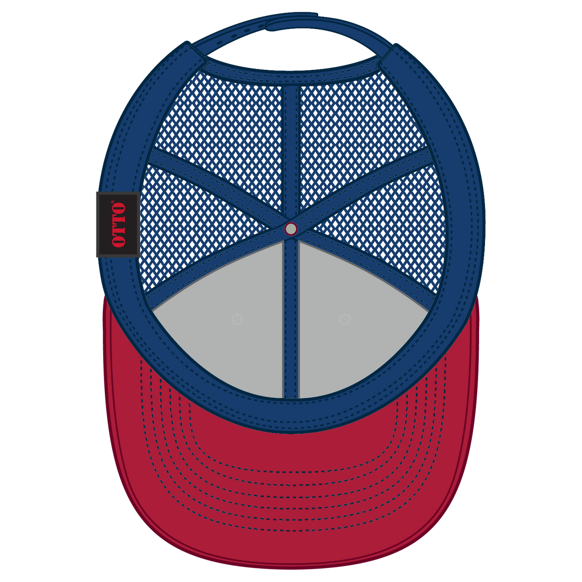 Inside View of 021601 - Red/Wht/Ryl OTTO CAP 6 Panel Low Profile Mesh Back Trucker Hat