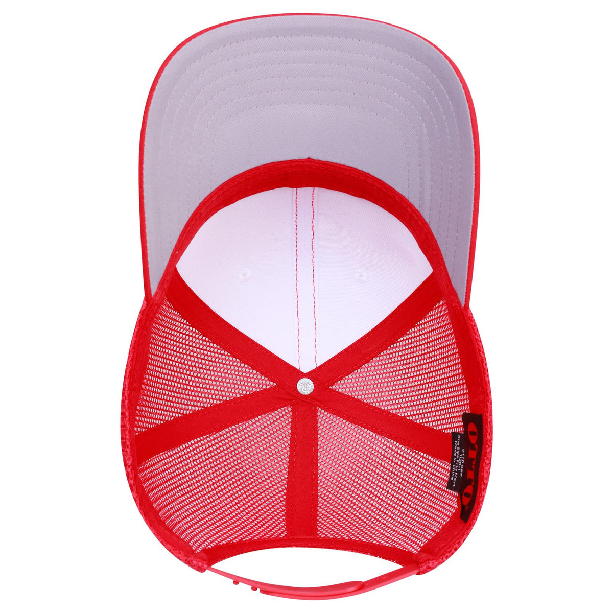 Inside View of 021602 - Red/Wht/Red OTTO CAP Seamless 6 Panel Mid Profile Mesh Back Trucker Hat