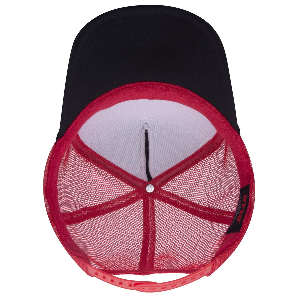 Inside View of 030302 - Blk/Blk/Red OTTO CAP 5 Panel High Crown Mesh Back Trucker Hat