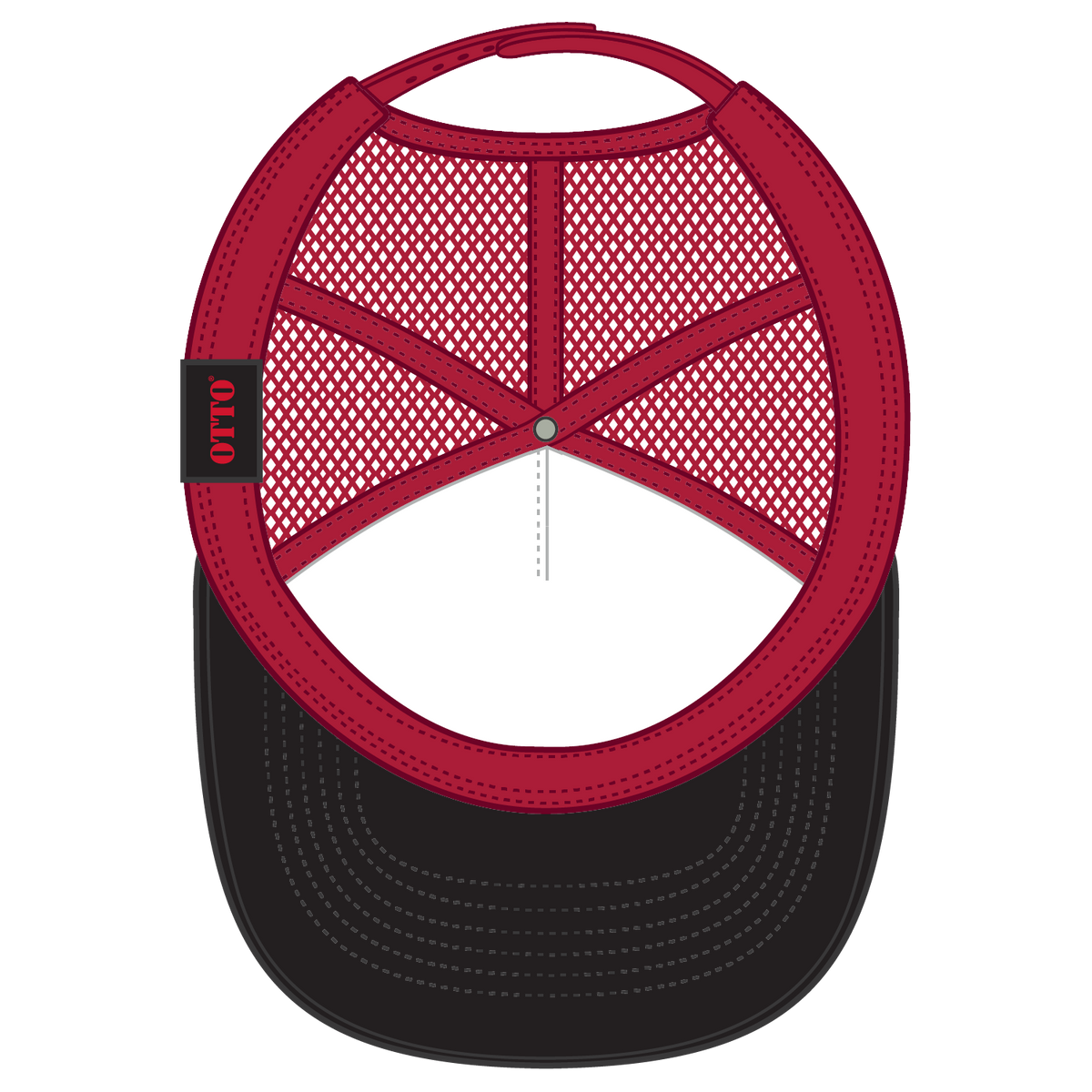 Inside View of 030302 - Blk/Blk/Red OTTO CAP 5 Panel High Crown Mesh Back Trucker Hat