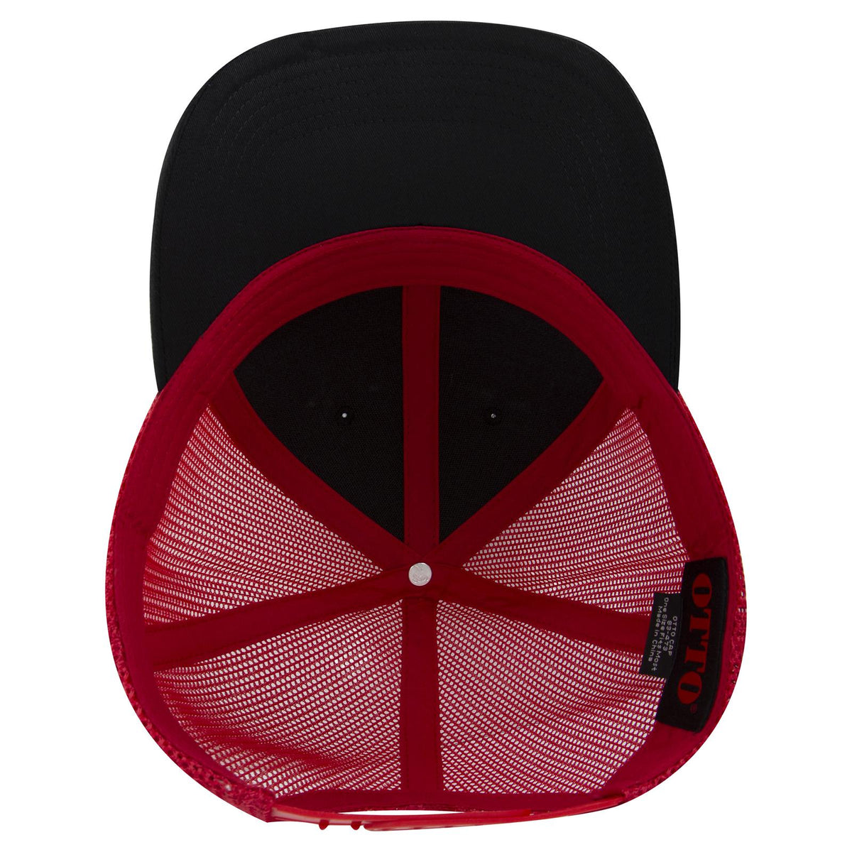 Inside View of 030302 - Blk/Blk/Red OTTO CAP 6 Panel Low Profile Mesh Back Trucker Hat
