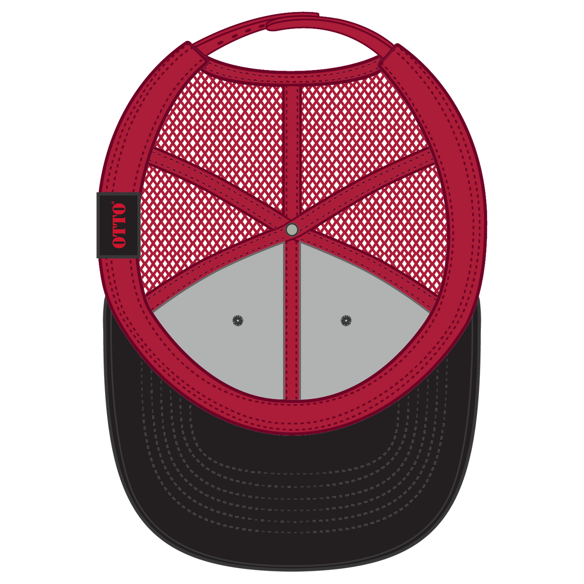 Inside View of 030302 - Blk/Blk/Red OTTO CAP 6 Panel Low Profile Mesh Back Trucker Hat