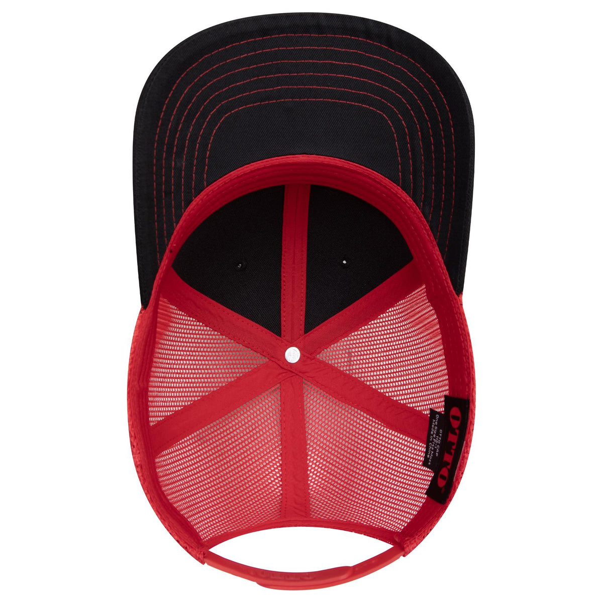 Inside View of 030302 - Blk/Blk/Red OTTO CAP 6 Panel Mid Profile Mesh Back Trucker Hat
