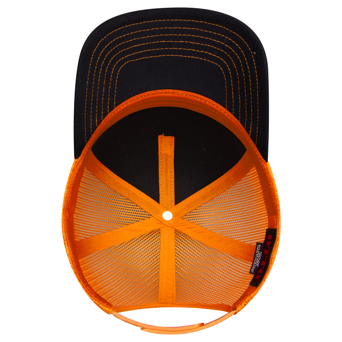 Inside View of 030309 - Blk/Blk/N Org OTTO CAP 5 Panel Low Profile Mesh Back Trucker Hat