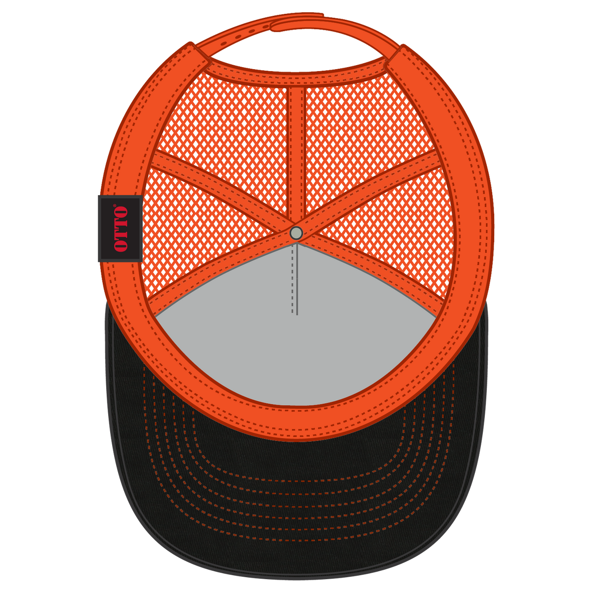 Inside View of 030309 - Blk/Blk/N Org OTTO CAP 5 Panel Low Profile Mesh Back Trucker Hat