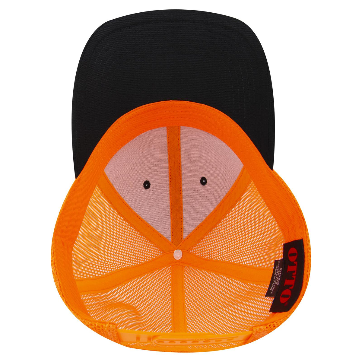 Inside View of 030309 - Blk/Blk/N Org OTTO CAP 6 Panel Low Profile Mesh Back Trucker Hat