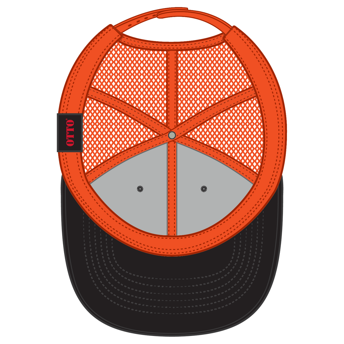 Inside View of 030309 - Blk/Blk/N Org OTTO CAP 6 Panel Low Profile Mesh Back Trucker Hat