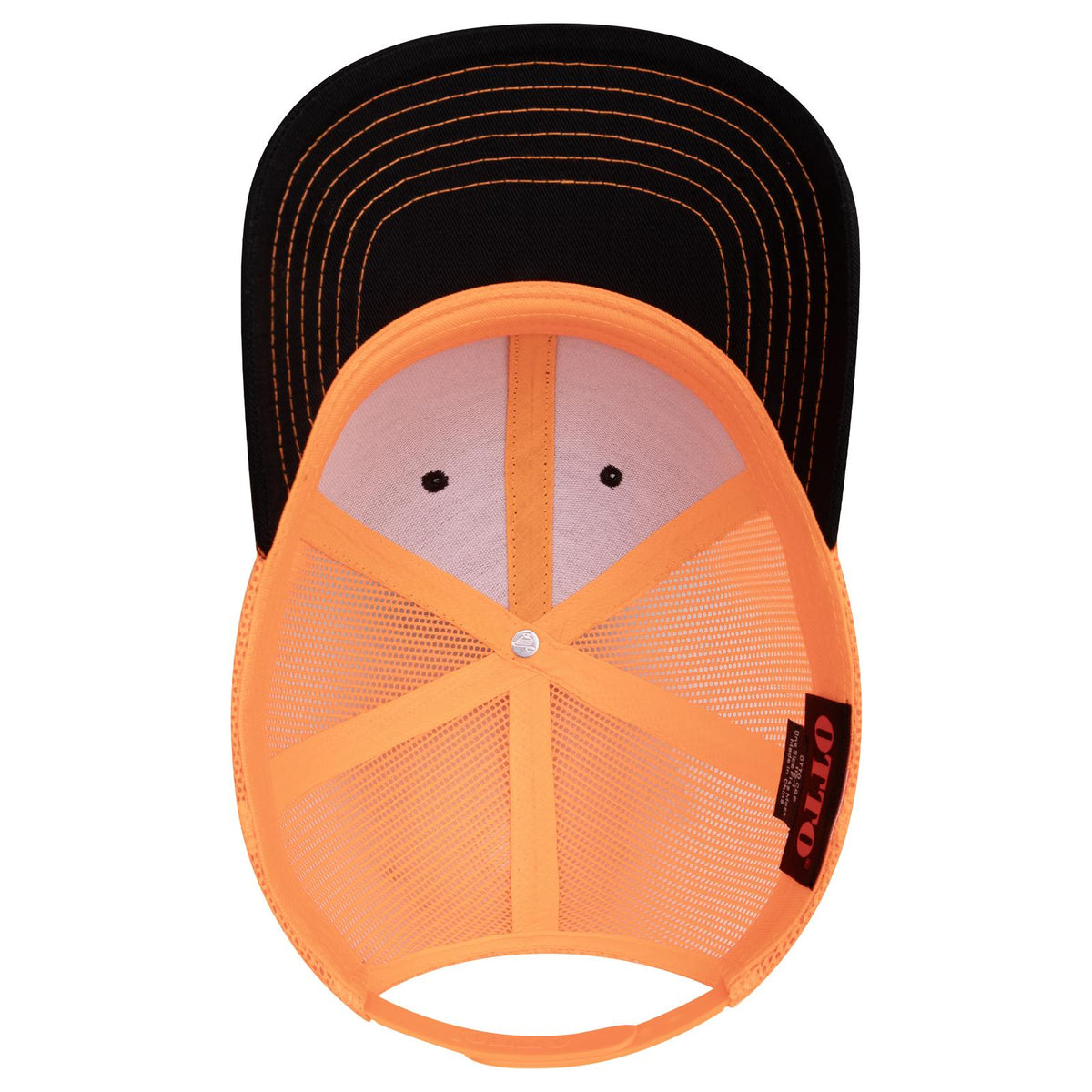 Inside View of 030309 - Blk/Blk/N Org OTTO CAP 6 Panel Mid Profile Mesh Back Trucker Hat