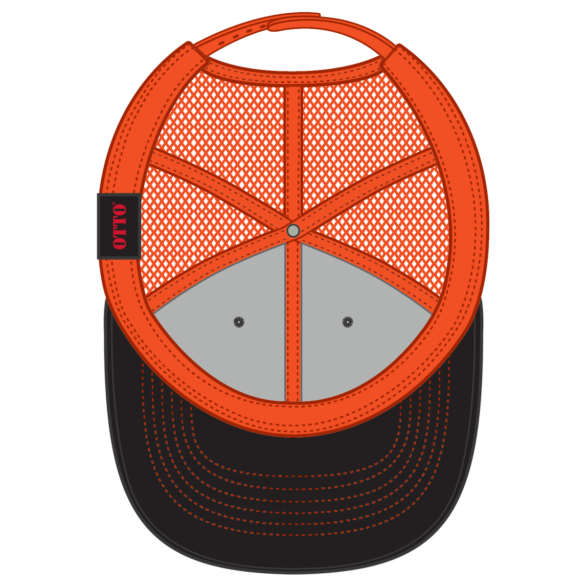 Inside View of 030309 - Blk/Blk/N Org OTTO CAP 6 Panel Mid Profile Mesh Back Trucker Hat