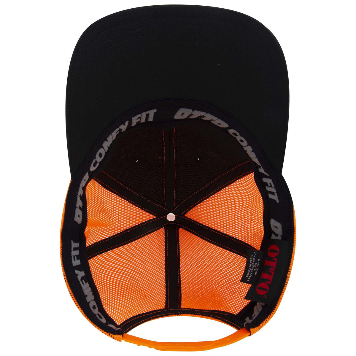 Inside View of 030309 - Blk/Blk/N Org OTTO CAP "OTTO COMFY FIT" 6 Panel Low Profile Mesh Back Trucker Hat