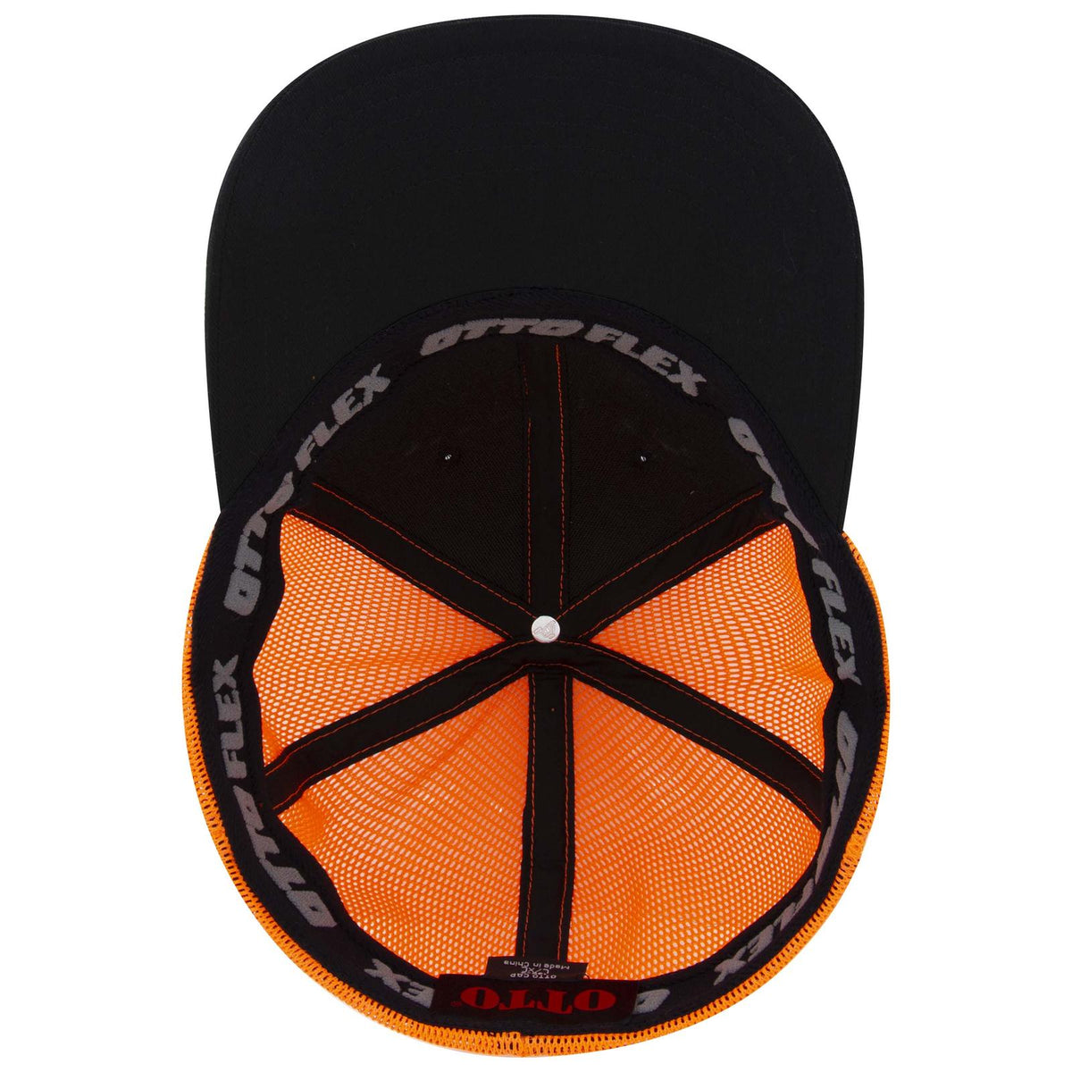 Inside View of 030309 - Blk/Blk/N Org OTTO CAP "OTTO FLEX" Fitted 6 Panel Low Profile Mesh Back Trucker Hat