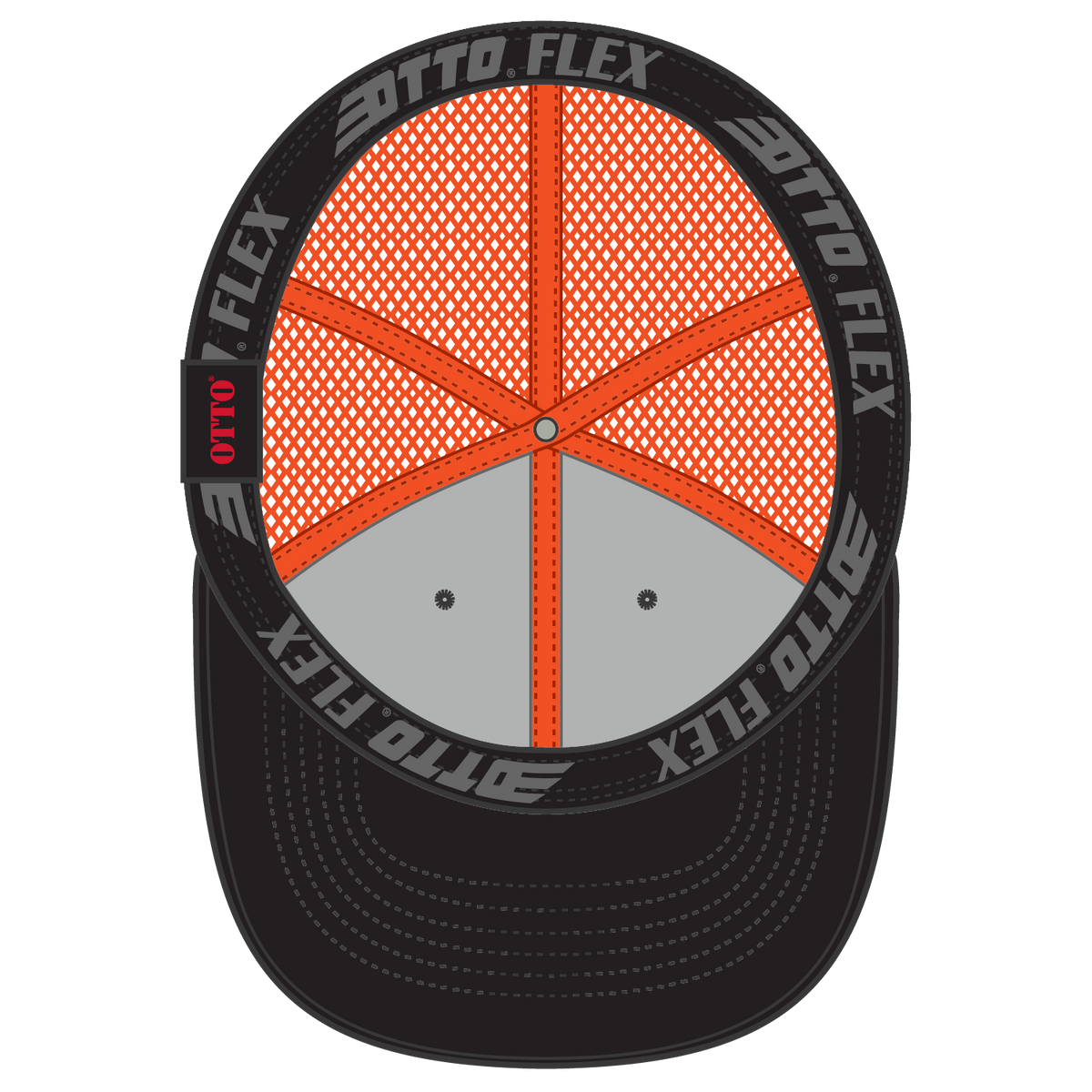 Inside View of 030309 - Blk/Blk/N Org OTTO CAP "OTTO FLEX" Fitted 6 Panel Low Profile Mesh Back Trucker Hat