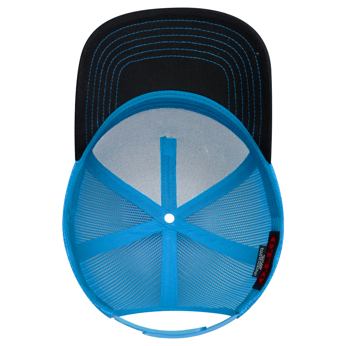 Inside View of 0303107 - Blk/Blk/N.Blue OTTO CAP 5 Panel Low Profile Mesh Back Trucker Hat