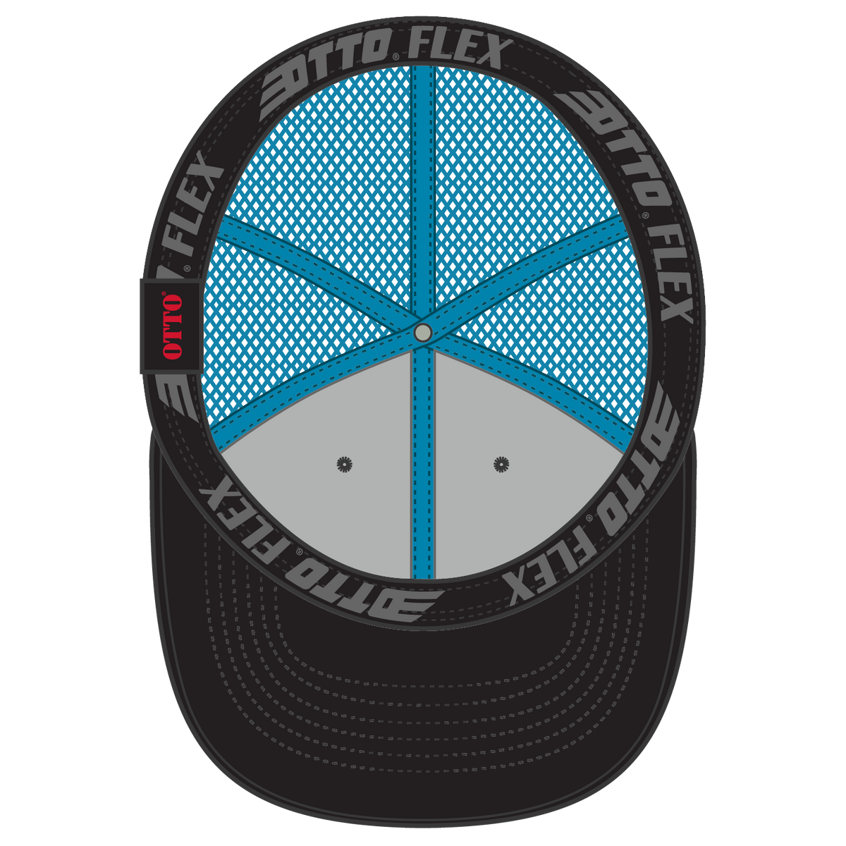 Inside View of 0303107 - Blk/Blk/N.Blue OTTO CAP "OTTO FLEX" Fitted 6 Panel Low Profile Mesh Back Trucker Hat