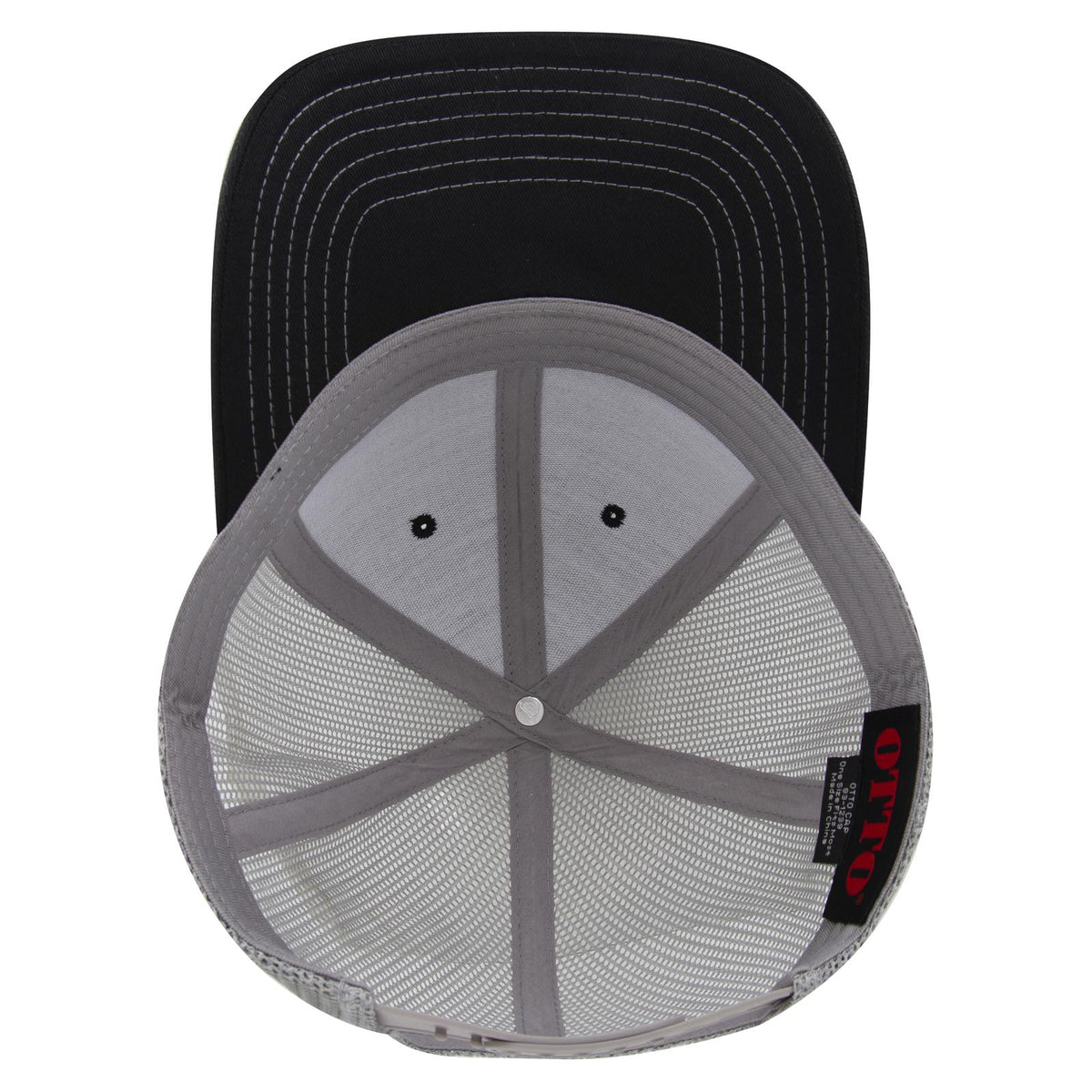Inside View of 030314 - Blk/Blk/Gry OTTO CAP 6 Panel Low Profile Mesh Back Trucker Hat