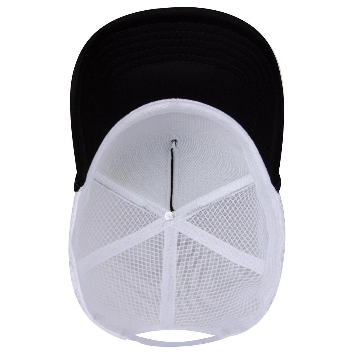 Inside View of 030316C - Blk/Blk/Wht OTTO CAP 5 Panel High Crown Air Mesh Back Trucker Hat