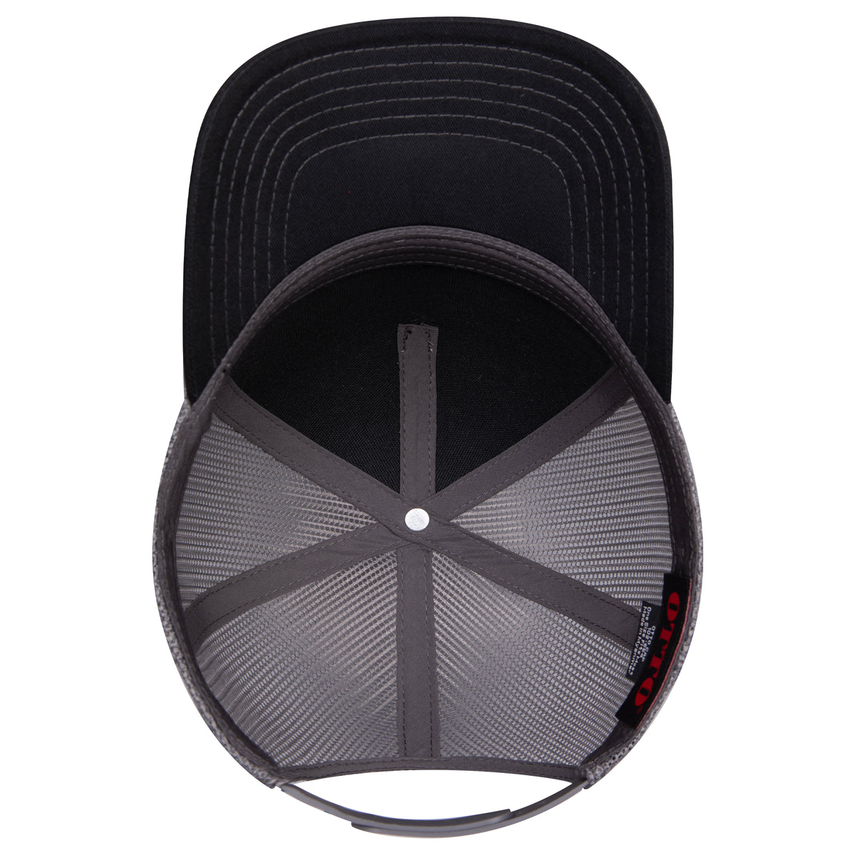 Inside View of 030325 - Blk/Blk/Ch.Gry OTTO CAP 5 Panel Low Profile Mesh Back Trucker Hat