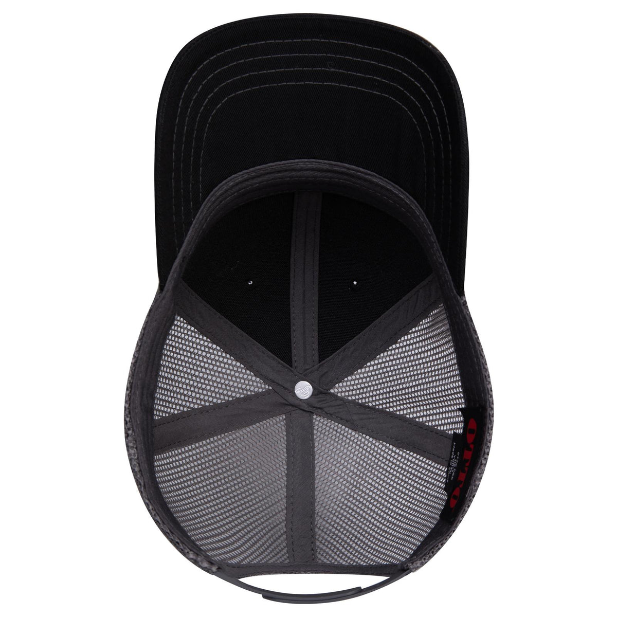 Inside View of 030325 - Blk/Blk/Ch.Gry OTTO CAP 6 Panel Mid Profile Mesh Back Trucker Hat