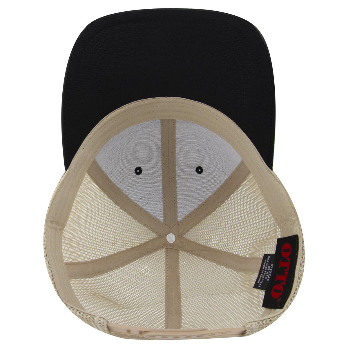 Inside View of 030332 - Blk/Blk/Kha OTTO CAP 6 Panel Low Profile Mesh Back Trucker Hat