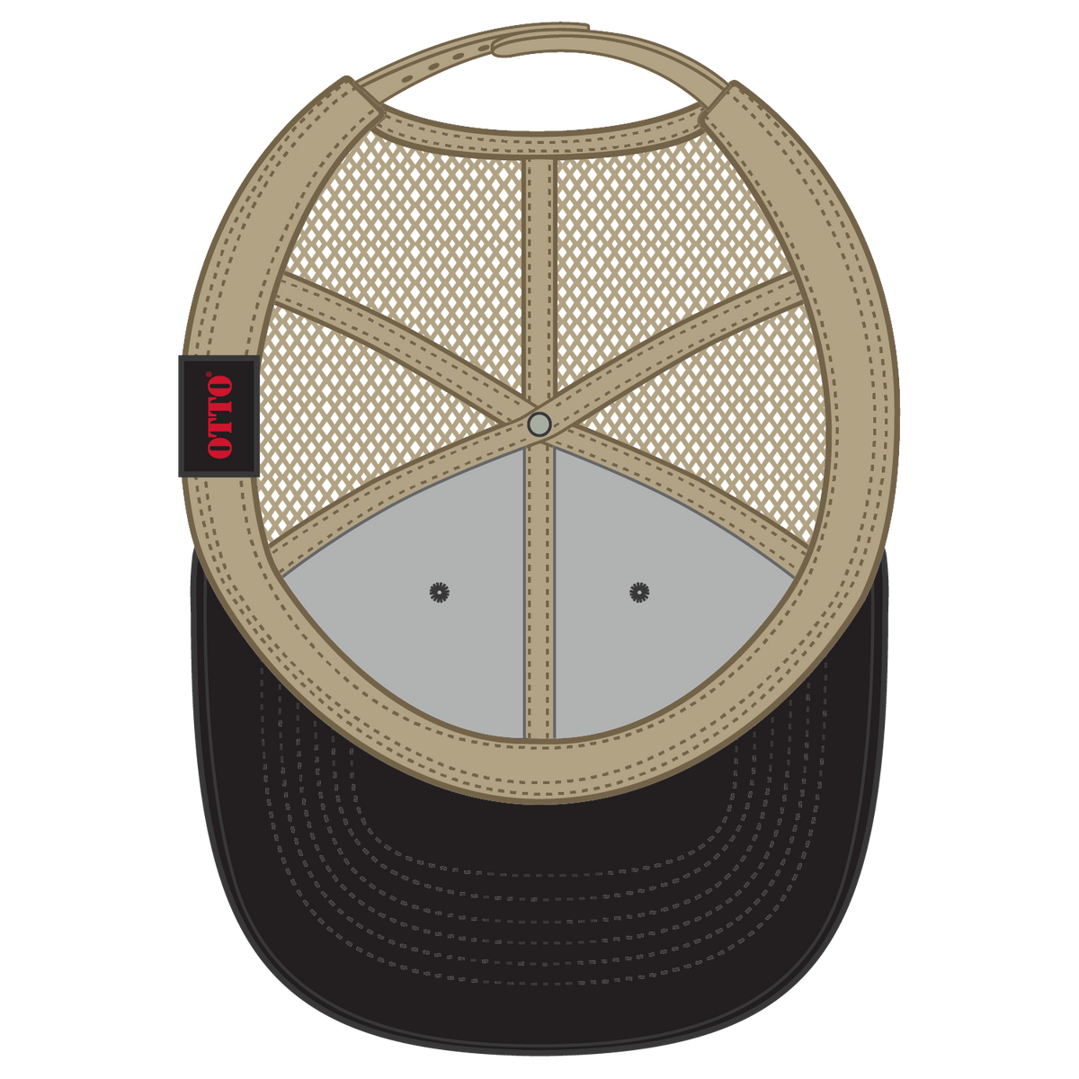 Inside View of 030332 - Blk/Blk/Kha OTTO CAP 6 Panel Low Profile Mesh Back Trucker Hat