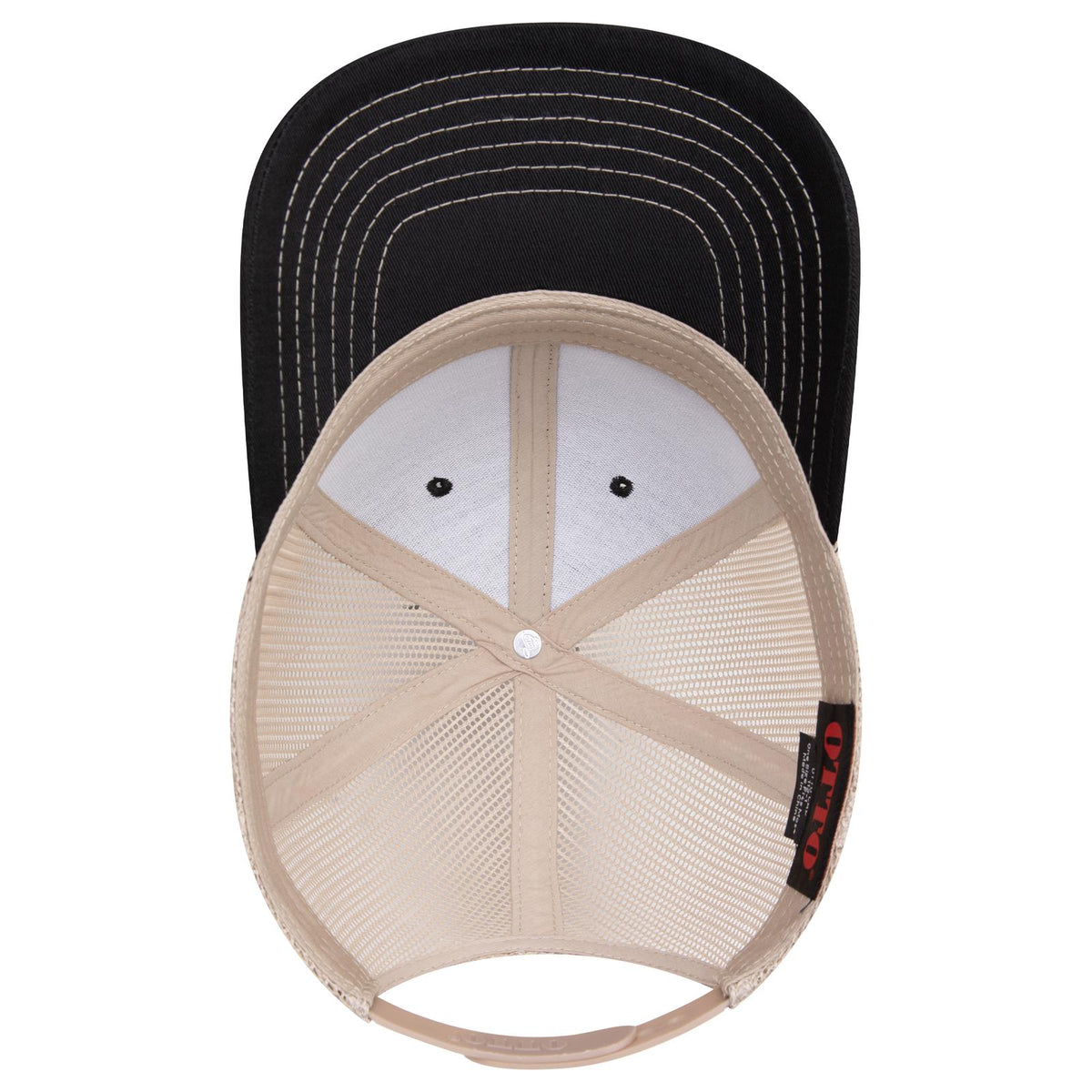 Inside View of 030332 - Blk/Blk/Kha OTTO CAP 6 Panel Mid Profile Mesh Back Trucker Hat