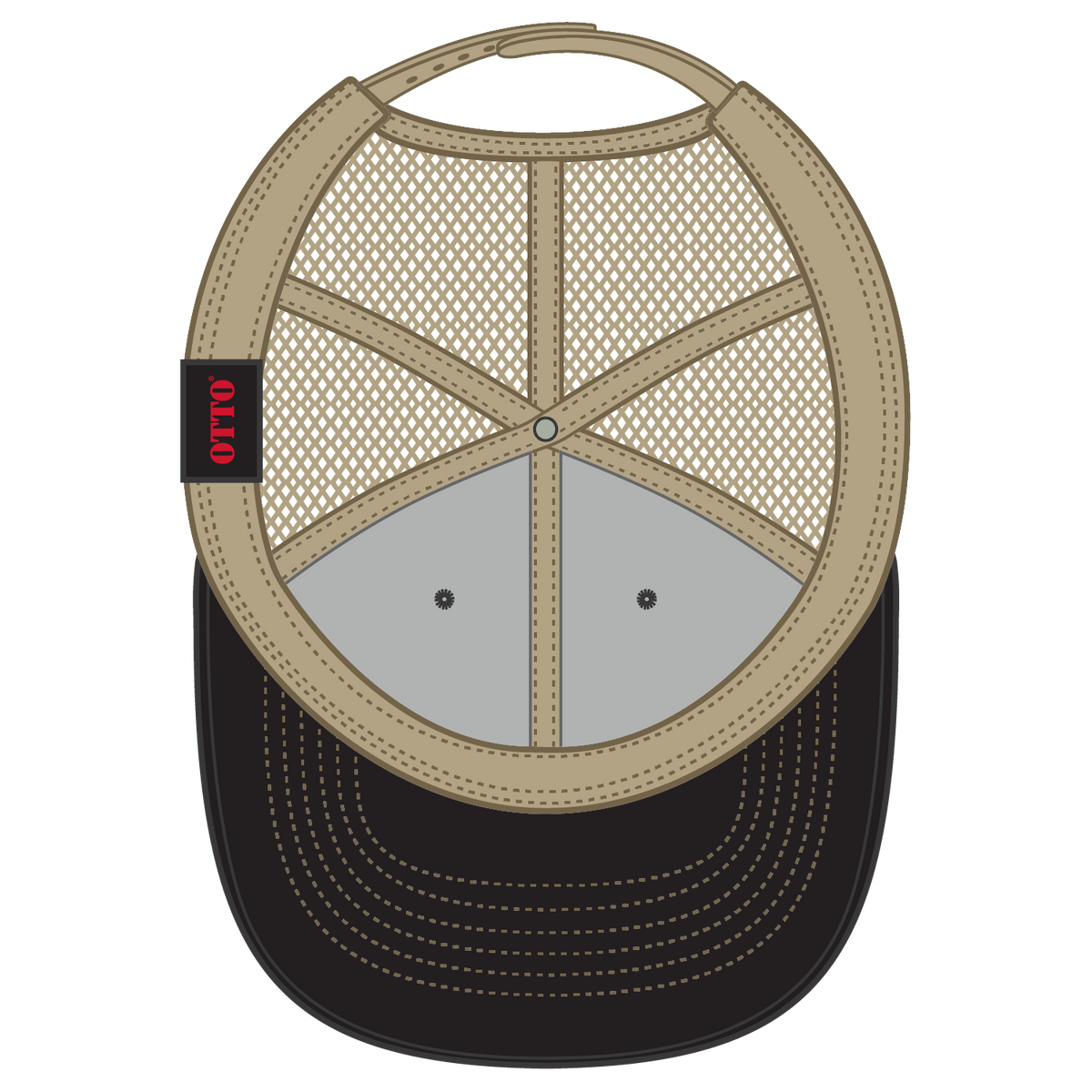 Inside View of 030332 - Blk/Blk/Kha OTTO CAP 6 Panel Mid Profile Mesh Back Trucker Hat
