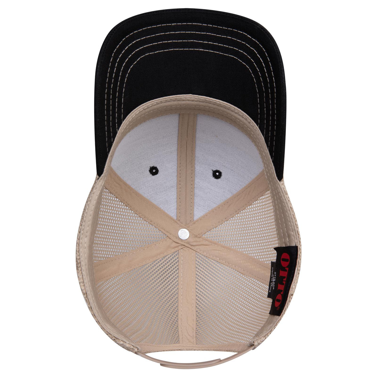 Inside View of 030332 - Blk/Blk/Kha OTTO CAP 6 Panel Mid Profile Mesh Back Trucker Hat