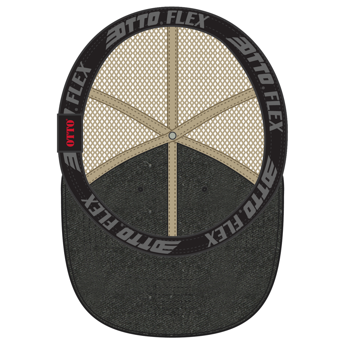 Inside View of 030332 - Blk/Blk/Kha OTTO CAP "OTTO FLEX" Fitted 6 Panel Low Profile Mesh Back Trucker Hat