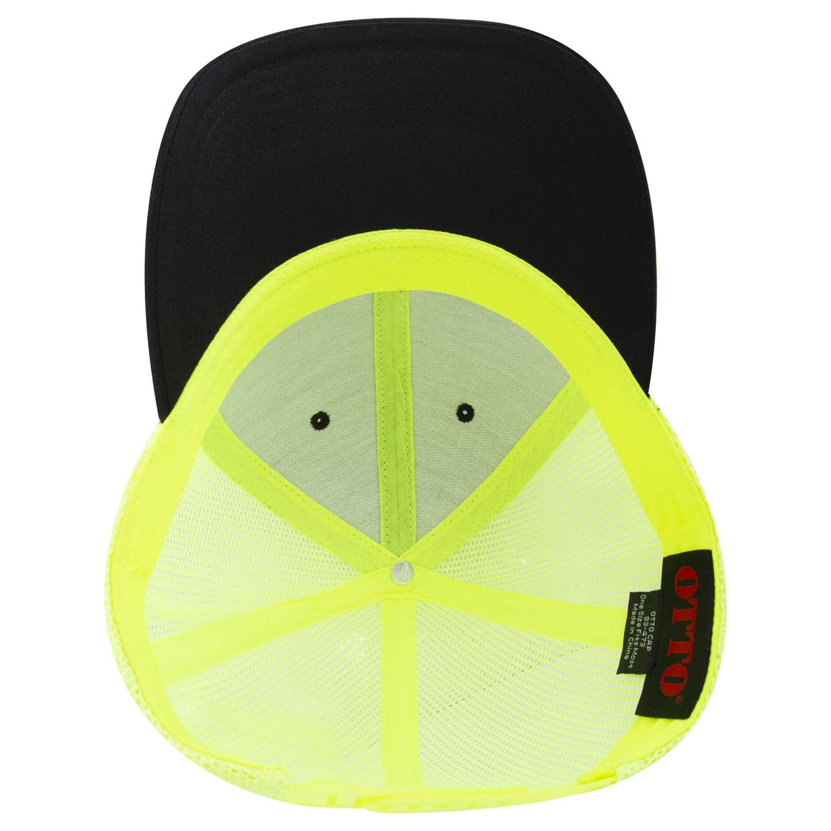 Inside View of 030340 - Blk/Blk/N.Ylw OTTO CAP 6 Panel Low Profile Mesh Back Trucker Hat