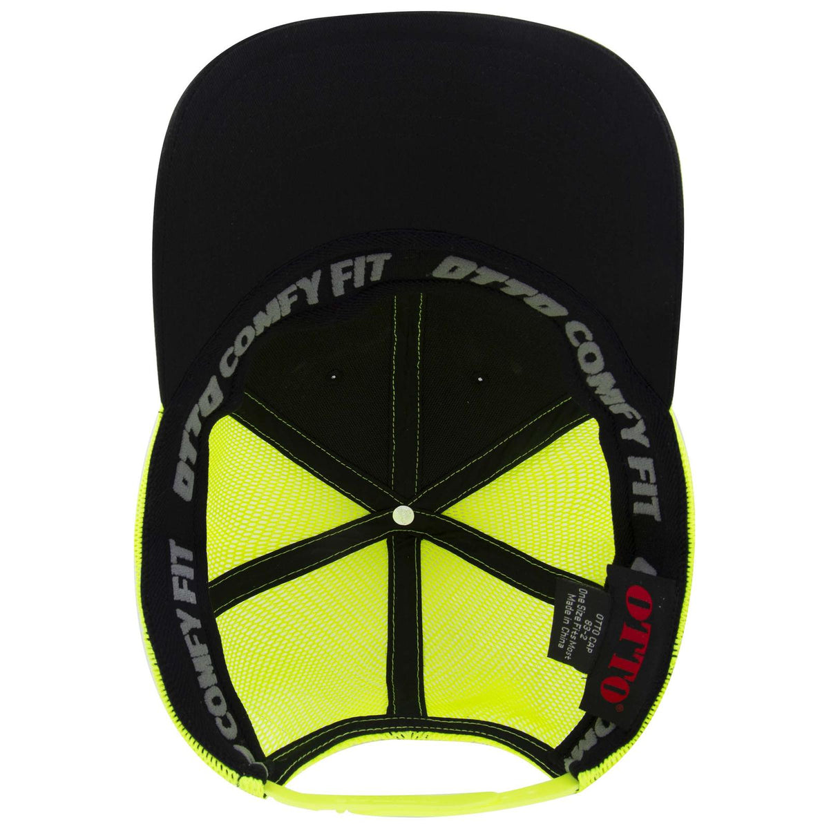 Inside View of 030340 - Blk/Blk/N.Ylw OTTO CAP "OTTO COMFY FIT" 6 Panel Low Profile Mesh Back Trucker Hat